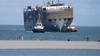 Carnival ship being towed to s d