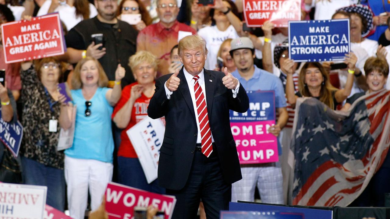 Trump rally thumbs two crowd phoenix brand supporters his arizona president includes wall world npr gives convention during center