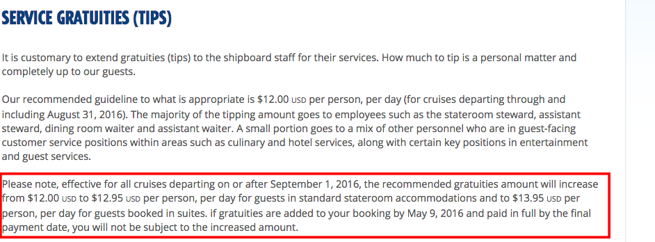 Carnival increasing daily gratuity charge